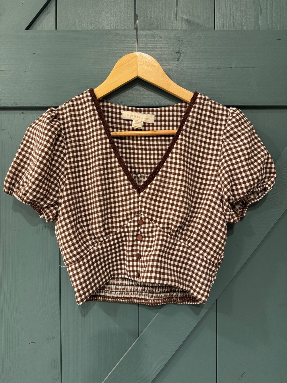 Vintage inspired Gingham V-Neck Cropped Blouse - Brown & White